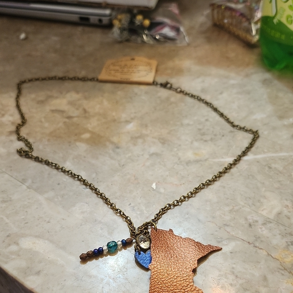 Brown Leather State Pendant Necklace